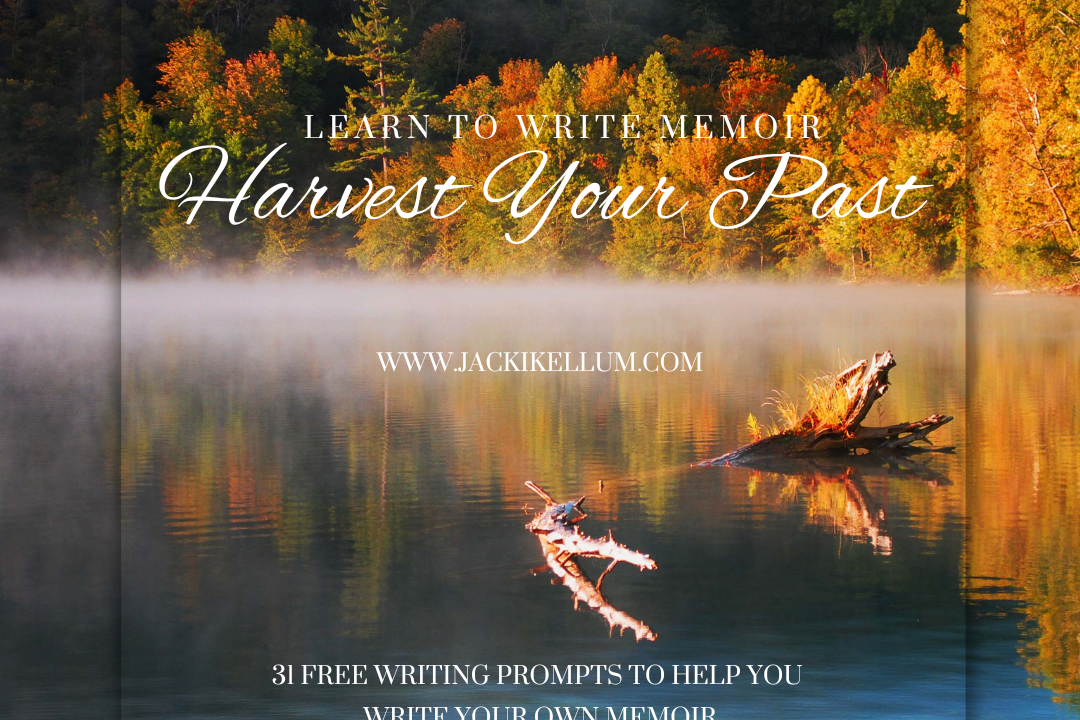 Lake scene with memoir writing prompts text.