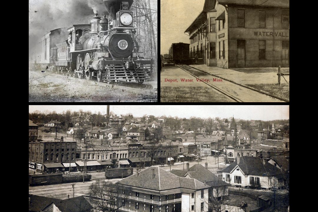 Historic train and buildings in vintage photographs.