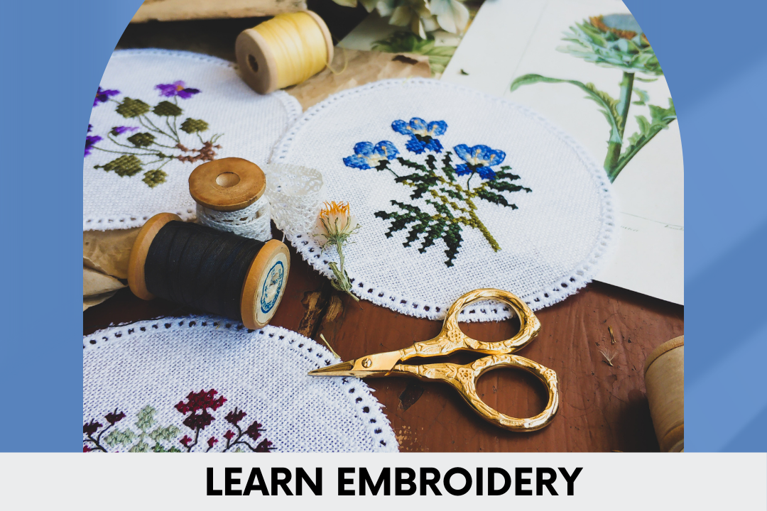 Embroidery supplies with floral designs.