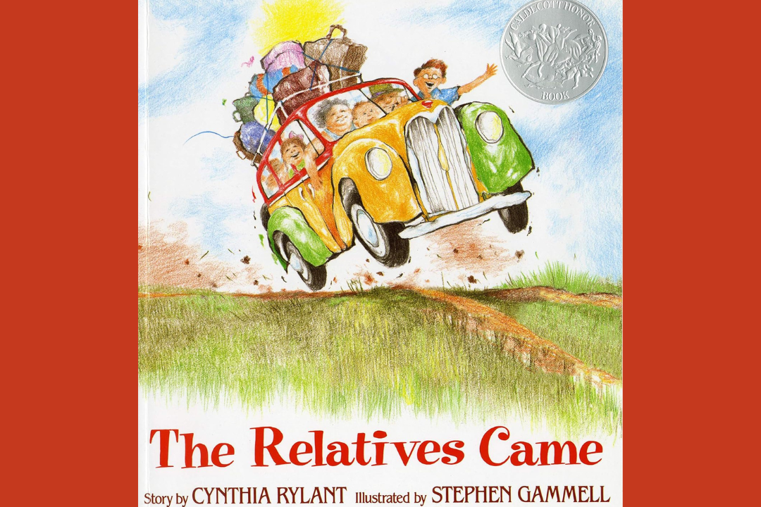 Colorful car flying, loaded with luggage.