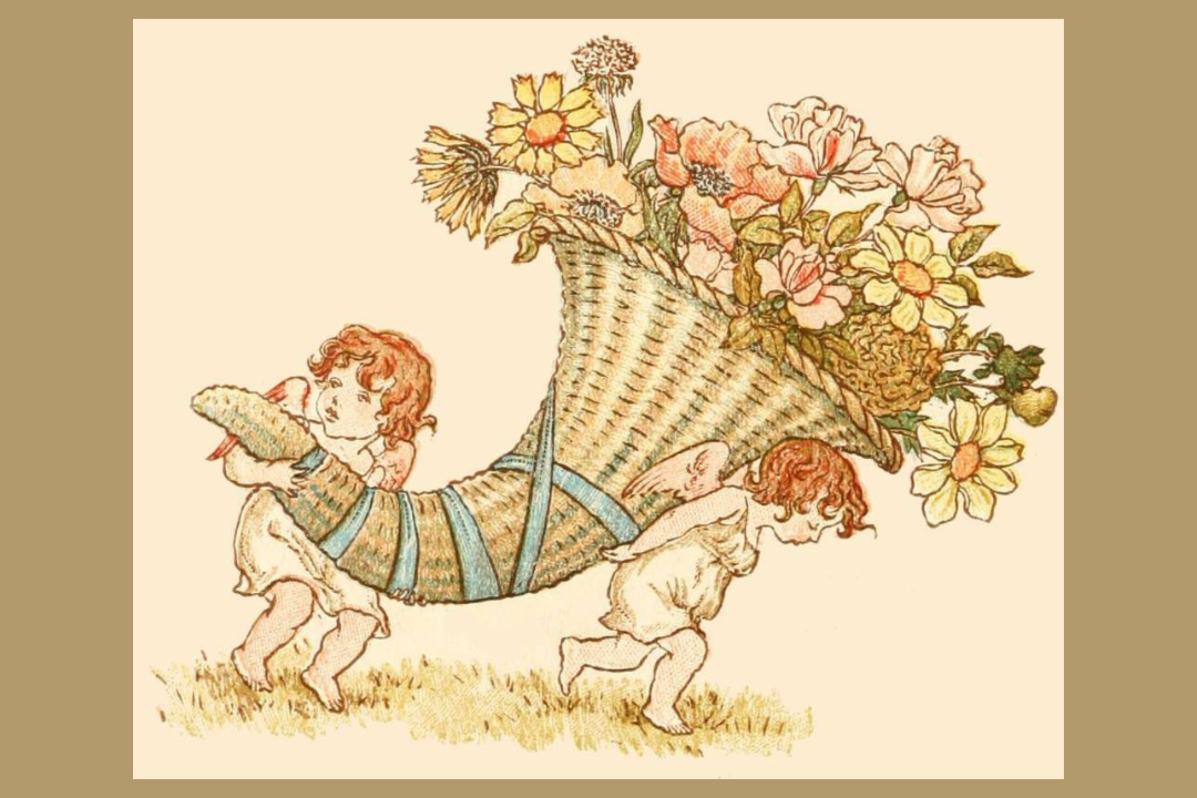 Children carrying a basket of flowers.