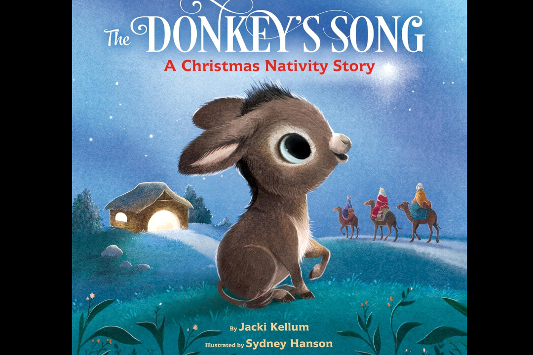 Illustrated donkey with nativity scene background.