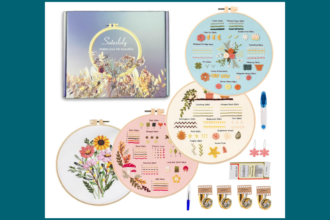 A collection of embroidery kits and tools.