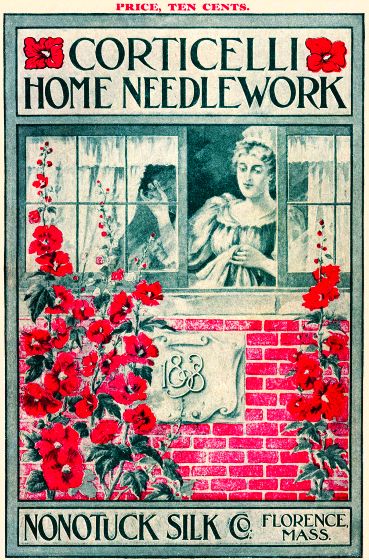 A vintage book cover with flowers and a woman looking out of the window.