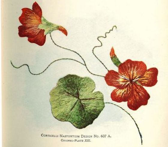 A painting of two flowers with green leaves.