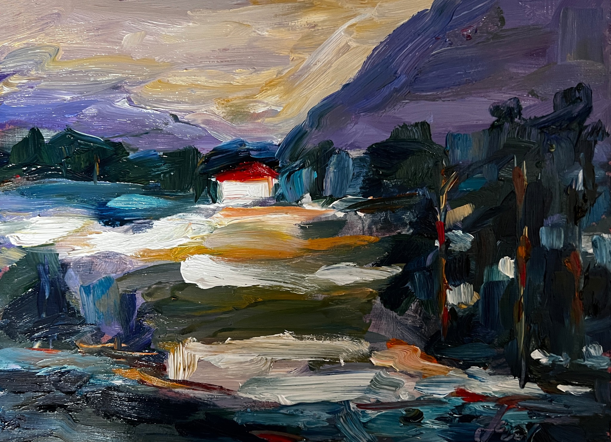 A painting of a house in the middle of a lake