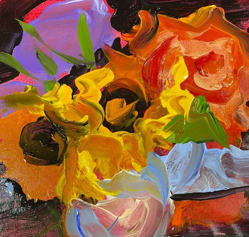 A painting of flowers in a vase